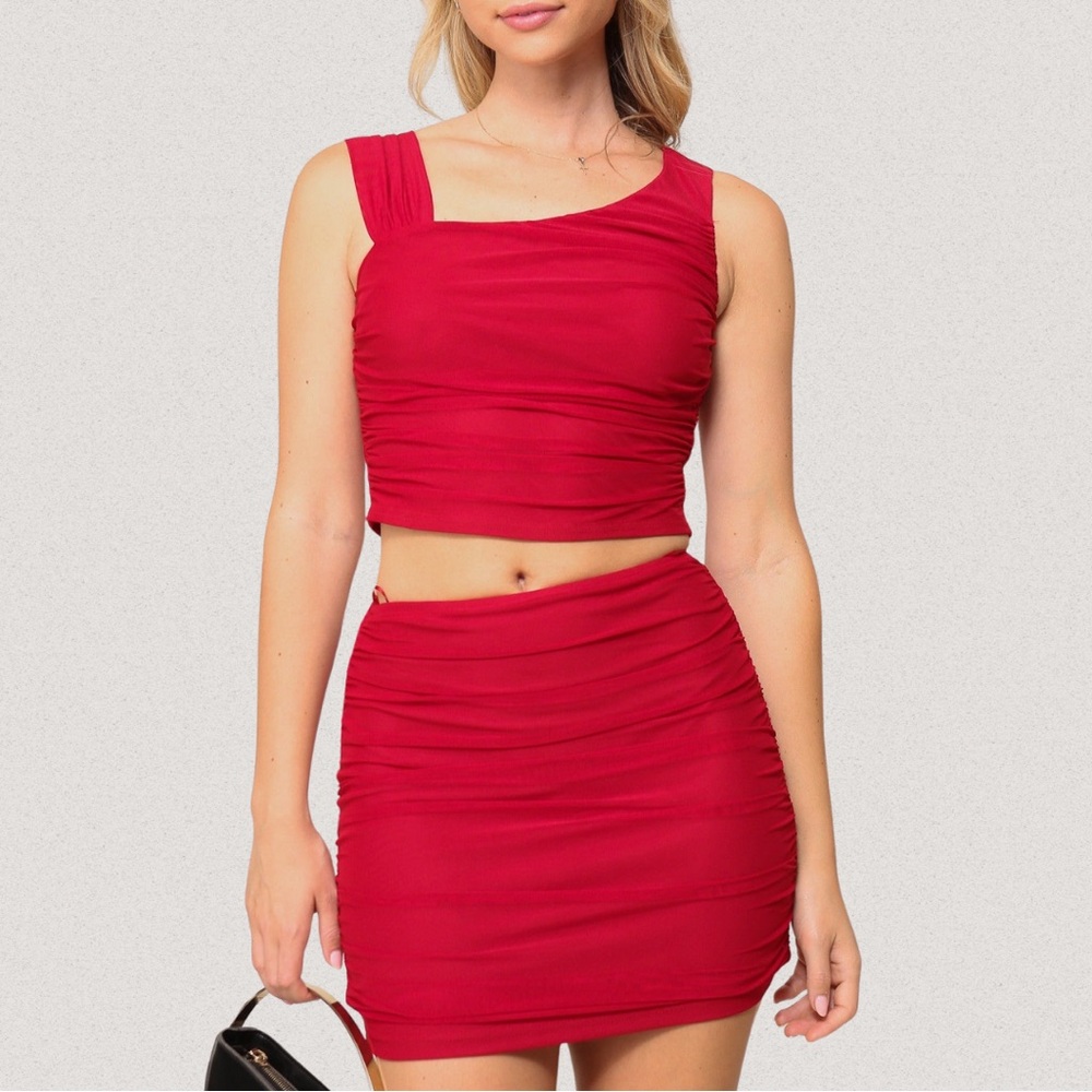 Red Ruched Skirt and Top Set